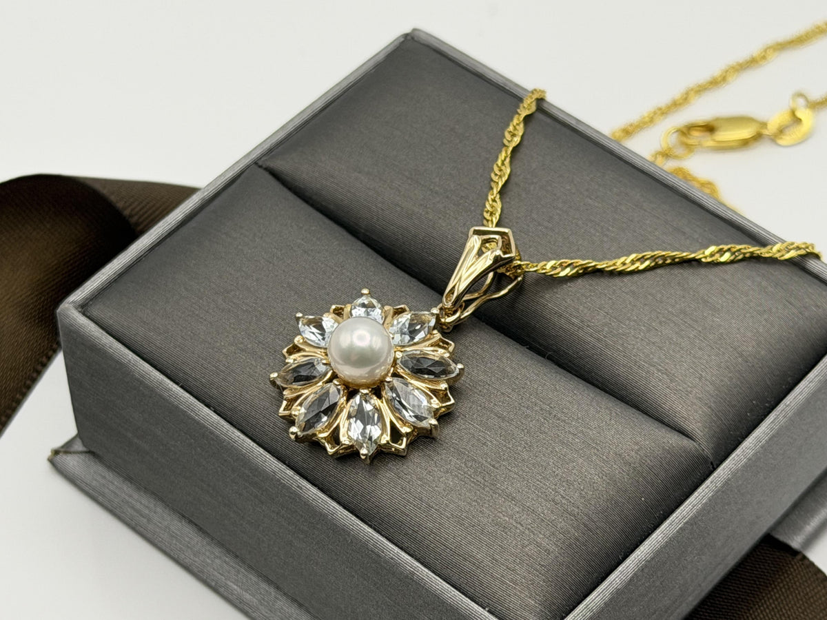 14K Gold Pearl & Aquamarine Pendant Vintage Floral Cluster Design