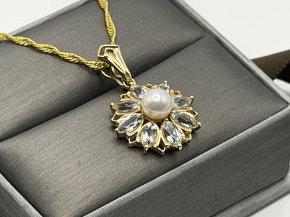 14K Gold Pearl & Aquamarine Pendant Vintage Floral Cluster Design