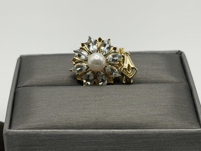 14K Gold Pearl & Aquamarine Pendant Vintage Floral Cluster Design