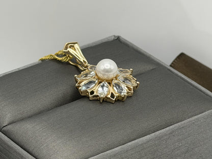 14K Gold Pearl & Aquamarine Pendant Vintage Floral Cluster Design