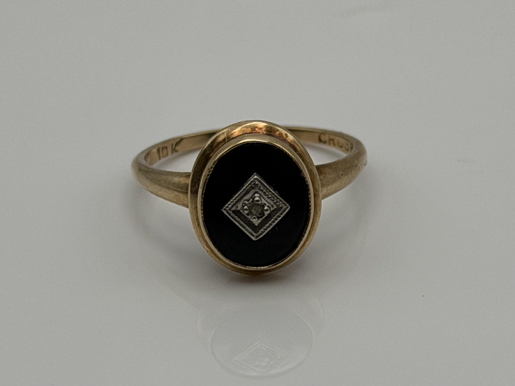 10k Oval Shaped Diamond Onyx Vintage Statement Ring Minimalist Signet Ring