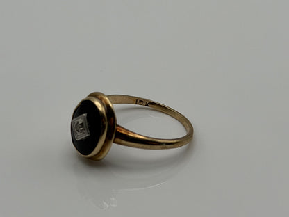 10k Oval Shaped Diamond Onyx Vintage Statement Ring Minimalist Signet Ring
