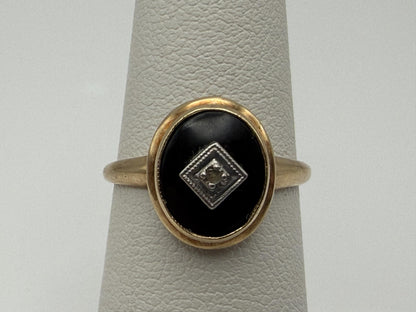 10k Oval Shaped Diamond Onyx Vintage Statement Ring Minimalist Signet Ring
