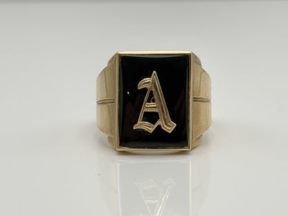 10k Onyx Letter A Signet Ring. Statement Mens Ring.