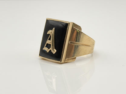 10k Onyx Letter A Signet Ring. Statement Mens Ring.