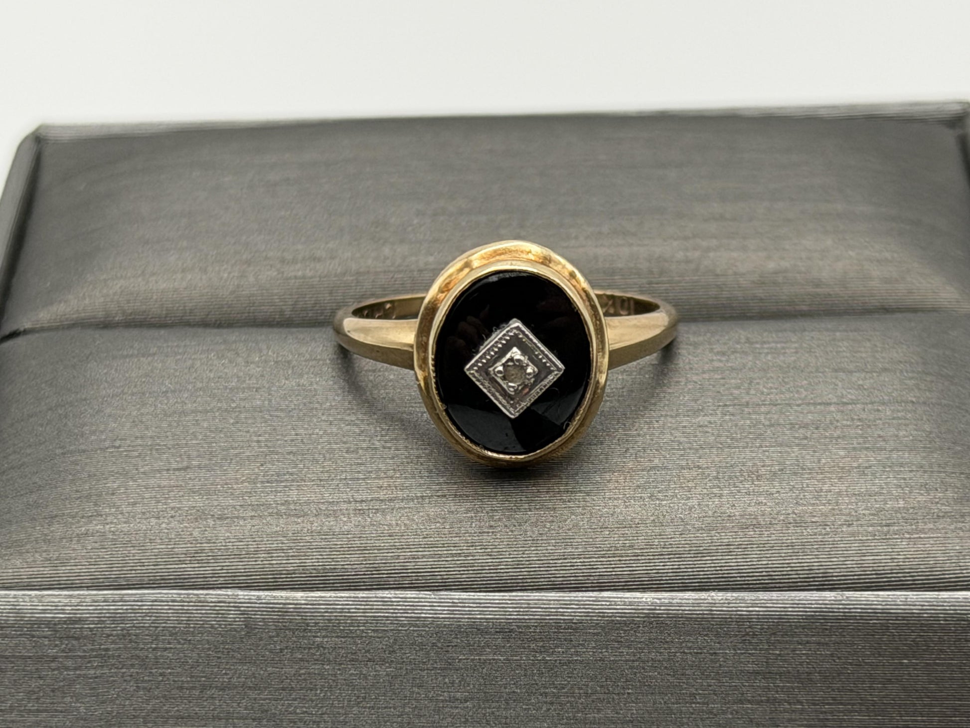 10k Oval Shaped Diamond Onyx Vintage Statement Ring Minimalist Signet Ring