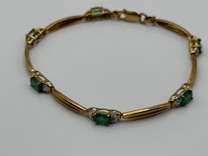 10k Vintage Yellow Gold Emerald & Diamond Tennis Bracelet 7"