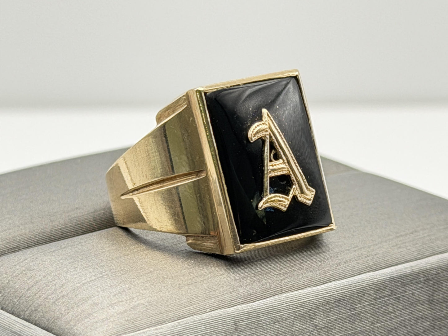 10k Onyx Letter A Signet Ring. Statement Mens Ring.