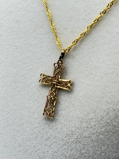 14k Filigree Christian Cross Crucifix Pendant Necklace w Compliment 18kGF Chain