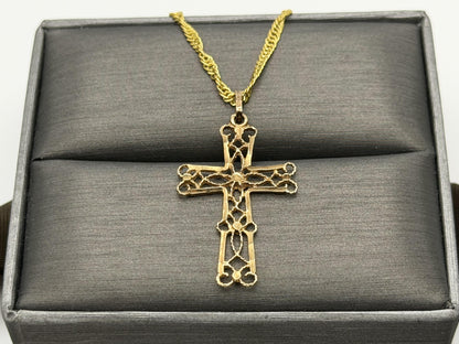 14k Filigree Christian Cross Crucifix Pendant Necklace w Compliment 18kGF Chain