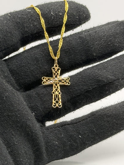 14k Filigree Christian Cross Crucifix Pendant Necklace w Compliment 18kGF Chain