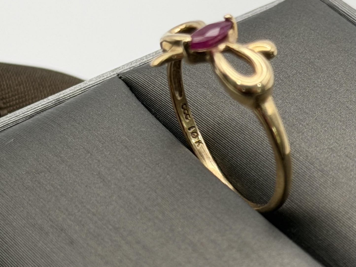 10k Yellow Gold Bow Ruby Dainty Ring. Minimalist Promise Love Ring.