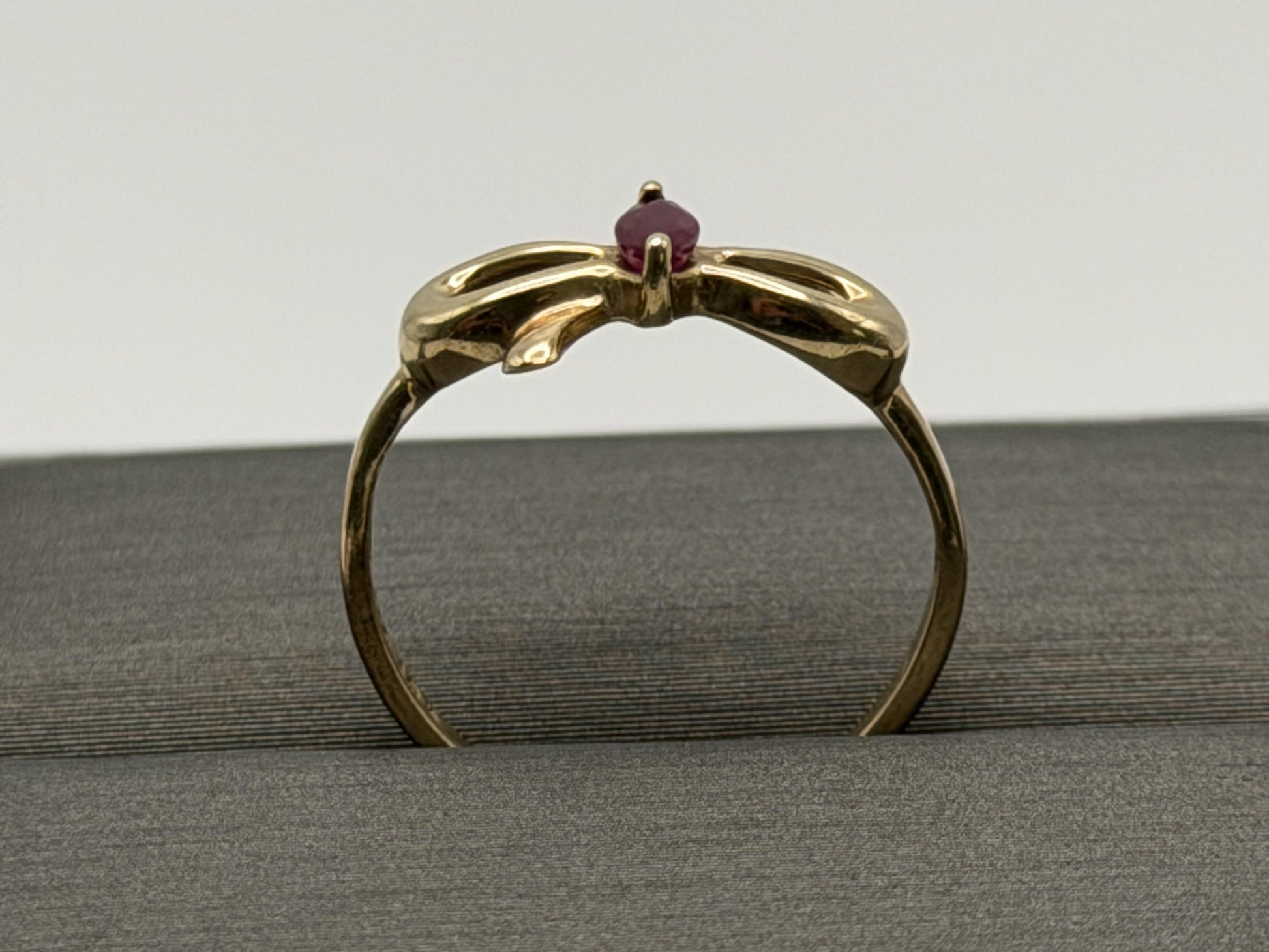 10k Yellow Gold Bow Ruby Dainty Ring. Minimalist Promise Love Ring.