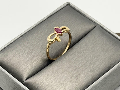 10k Yellow Gold Bow Ruby Dainty Ring. Minimalist Promise Love Ring.