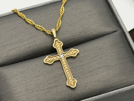 10k Yellow Gold Vintage Diamond Christian Cross Necklace Compliment GF18k chain