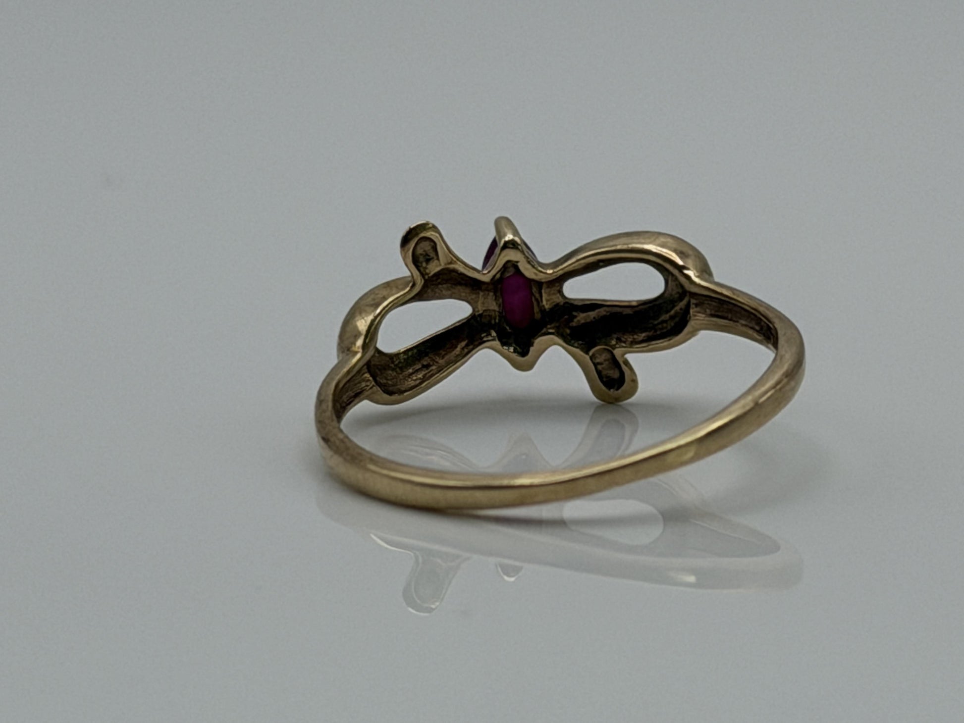 10k Yellow Gold Bow Ruby Dainty Ring. Minimalist Promise Love Ring.