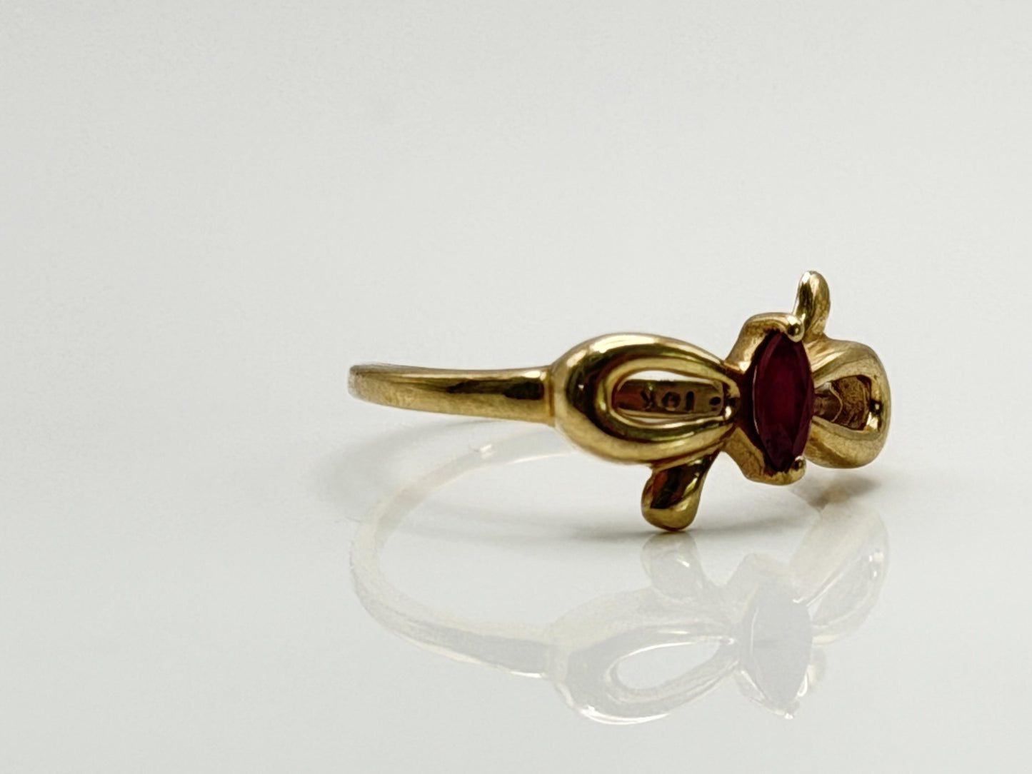 10k Yellow Gold Bow Ruby Dainty Ring. Minimalist Promise Love Ring.