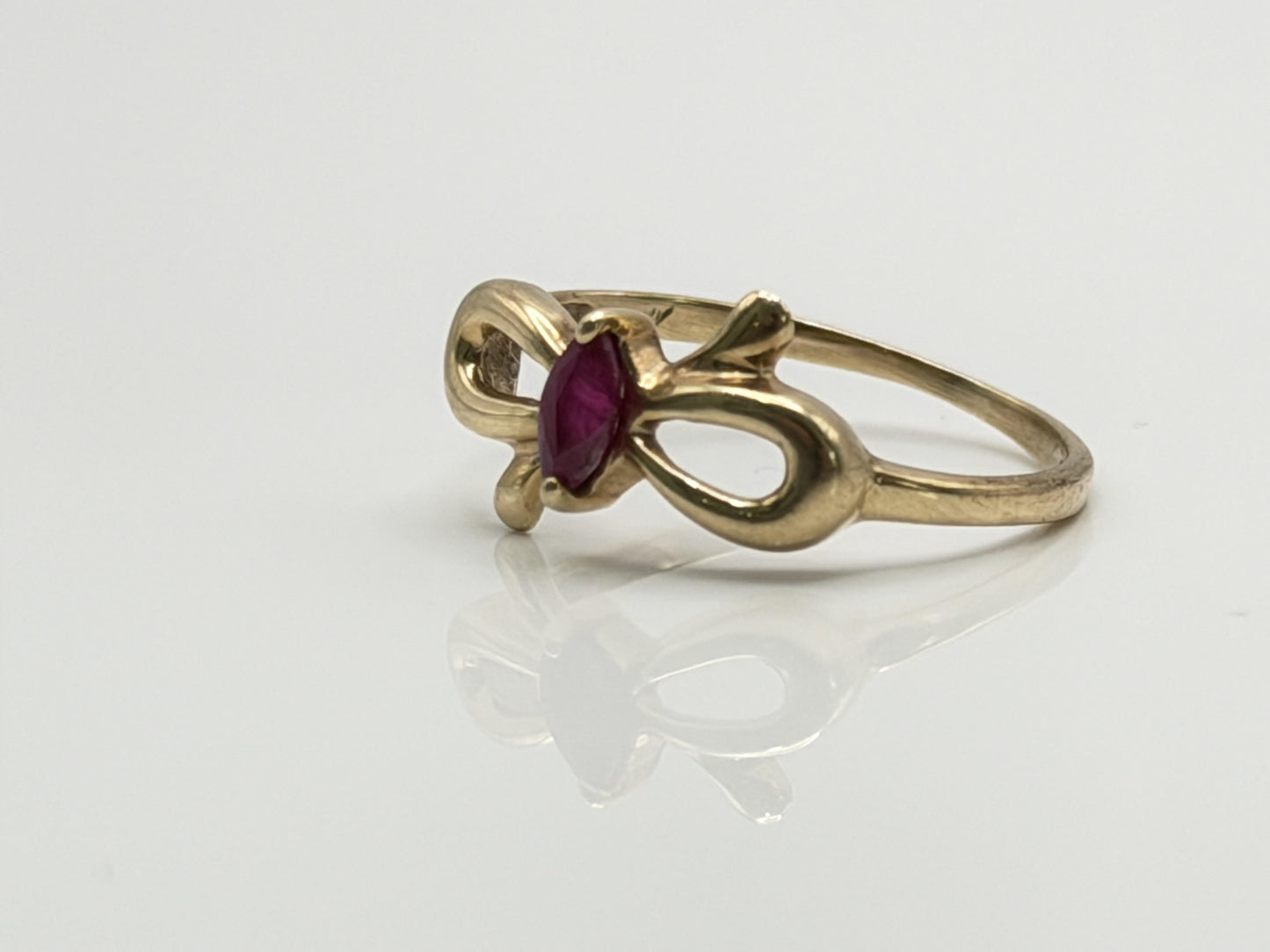 10k Yellow Gold Bow Ruby Dainty Ring. Minimalist Promise Love Ring.
