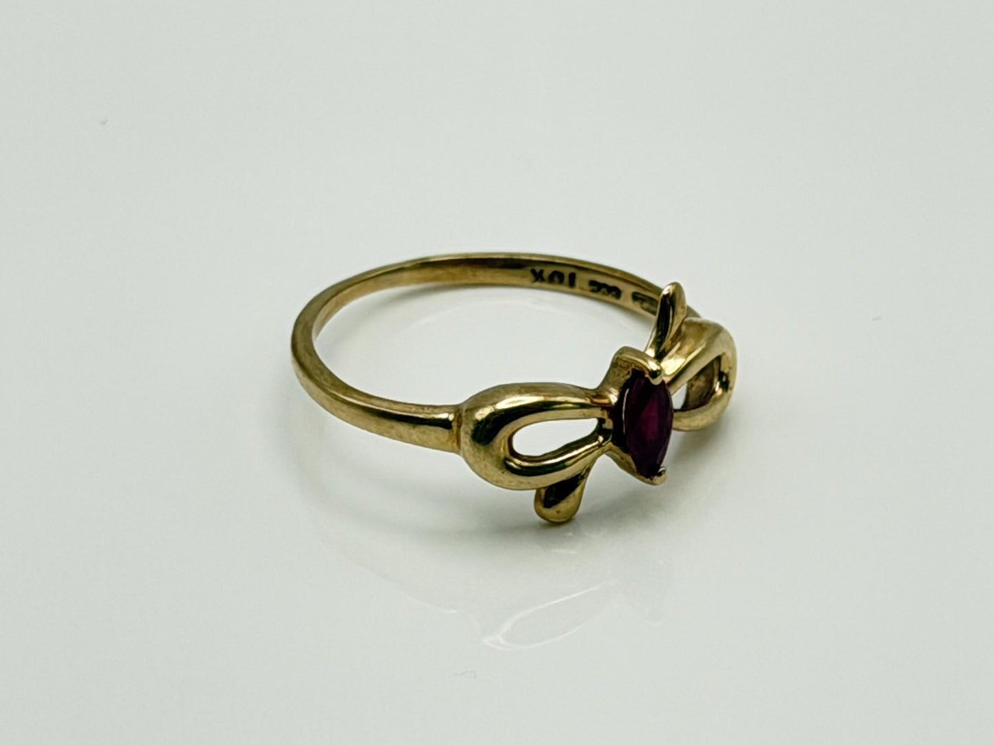 10k Yellow Gold Bow Ruby Dainty Ring. Minimalist Promise Love Ring.