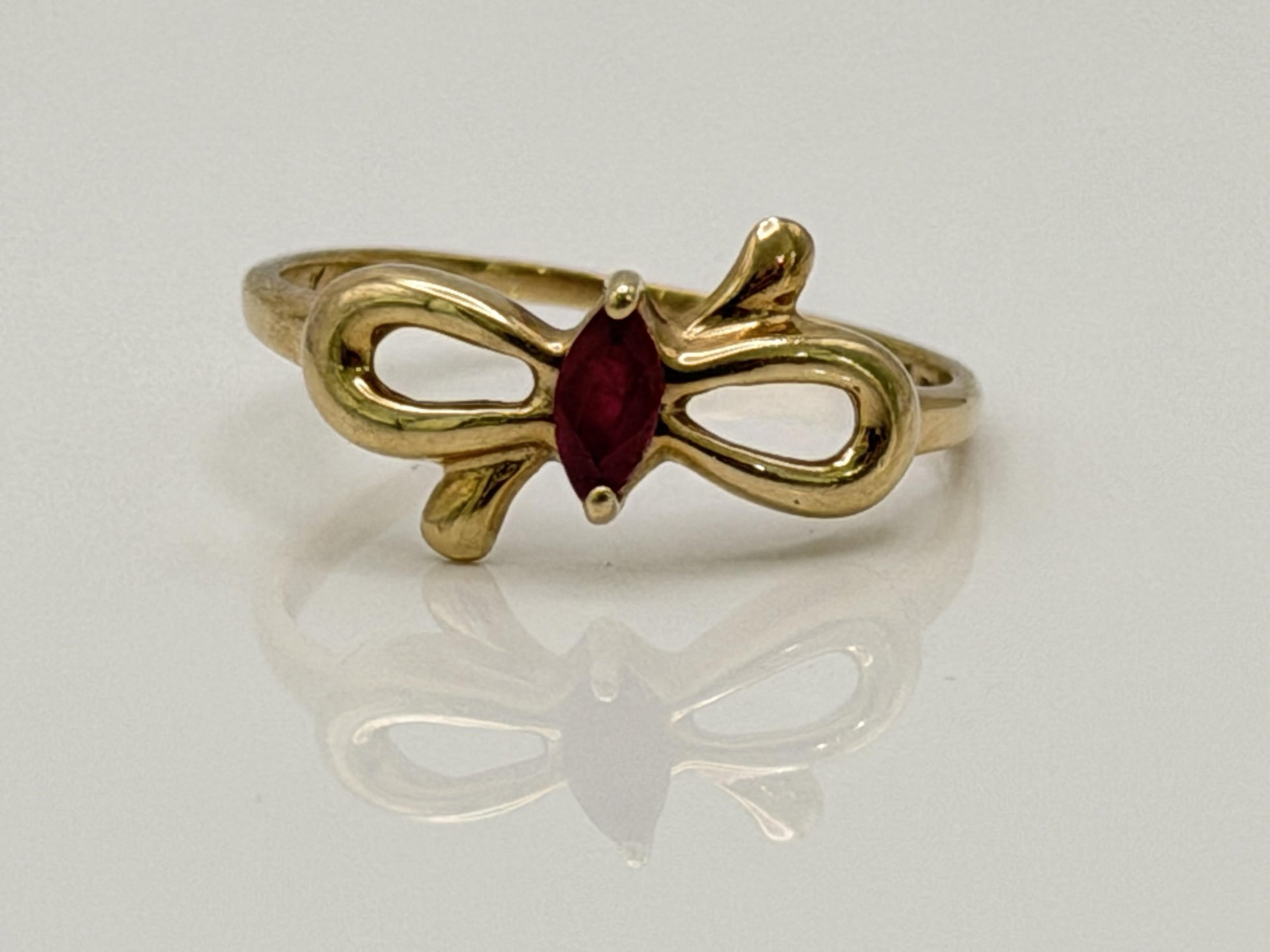 10k Yellow Gold Bow Ruby Dainty Ring. Minimalist Promise Love Ring.