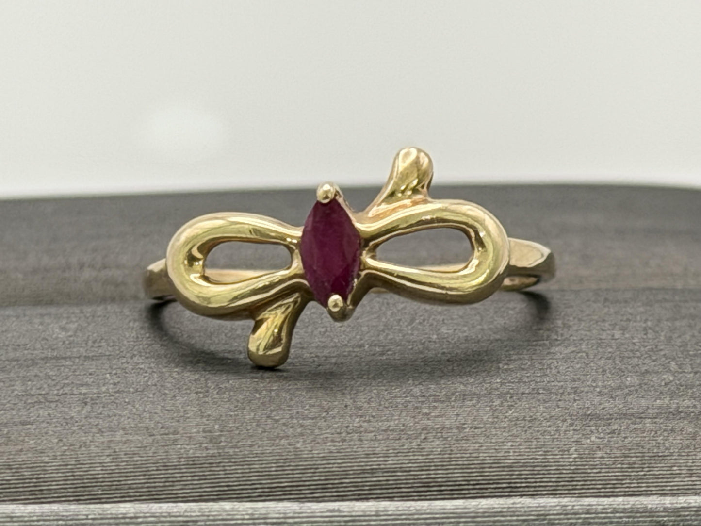 10k Yellow Gold Bow Ruby Dainty Ring. Minimalist Promise Love Ring.