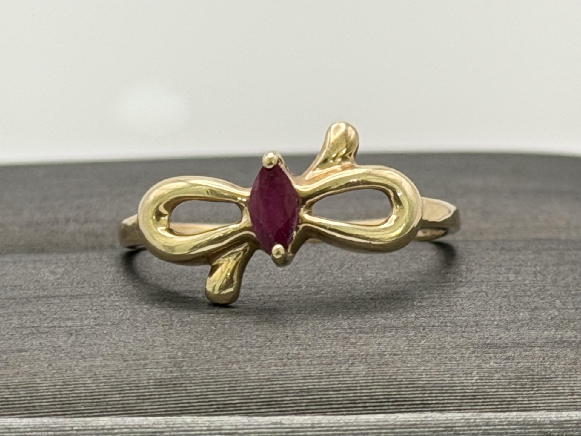 10k Yellow Gold Bow Ruby Dainty Ring. Minimalist Promise Love Ring.