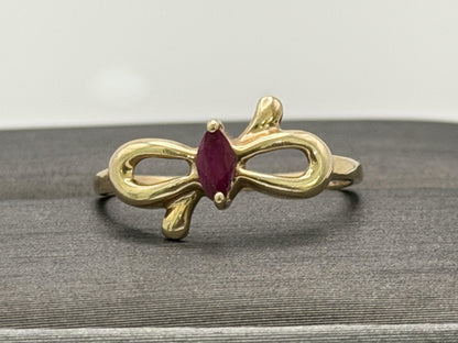 10k Yellow Gold Bow Ruby Dainty Ring. Minimalist Promise Love Ring.