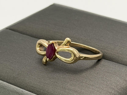 10k Yellow Gold Bow Ruby Dainty Ring. Minimalist Promise Love Ring.