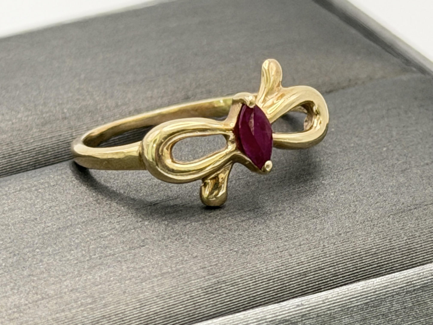 10k Yellow Gold Bow Ruby Dainty Ring. Minimalist Promise Love Ring.