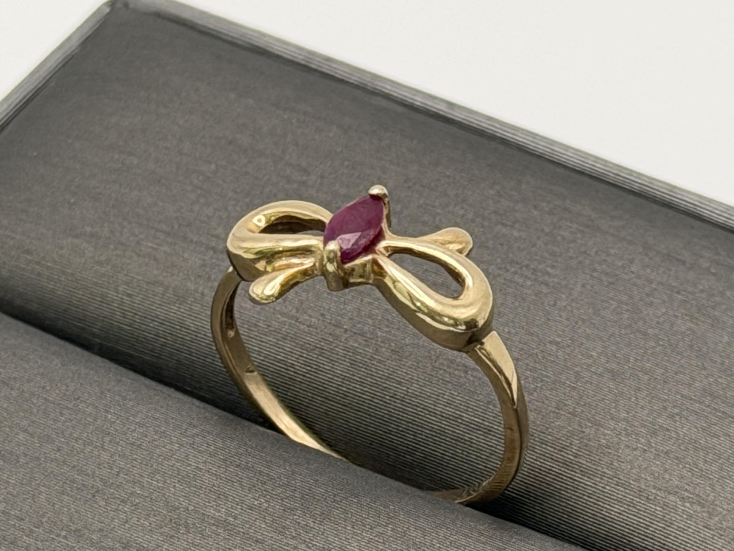 10k Yellow Gold Bow Ruby Dainty Ring. Minimalist Promise Love Ring.