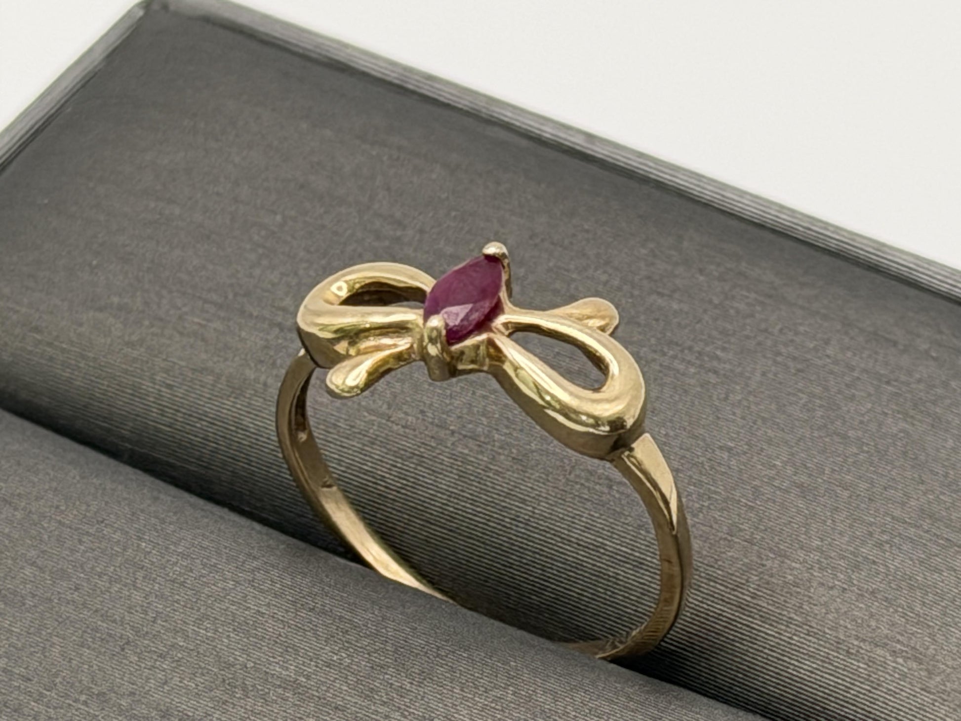 10k Yellow Gold Bow Ruby Dainty Ring. Minimalist Promise Love Ring.