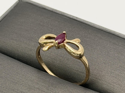 10k Yellow Gold Bow Ruby Dainty Ring. Minimalist Promise Love Ring.