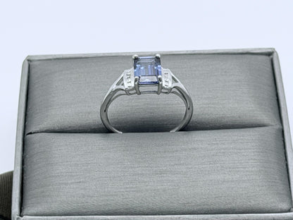 10k White Gold Blue Sapphire Diamond Ring. Cocktail Ring. Promise Ring.