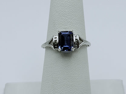 10k White Gold Blue Sapphire Diamond Ring. Cocktail Ring. Promise Ring.