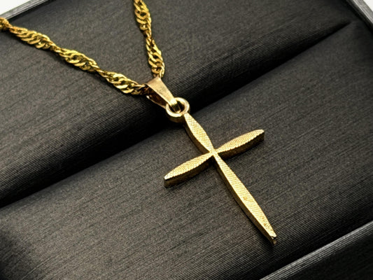 10k Yellow Gold Textured Christian Cross Pendant Necklace Chain