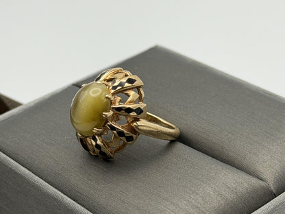 Vintage 10k Yellow Gold Cat's Eye Chrysoberyl Ring Oval Shape Dinner Ring