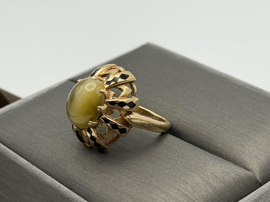 Vintage 10k Yellow Gold Cat's Eye Chrysoberyl Ring Oval Shape Dinner Ring