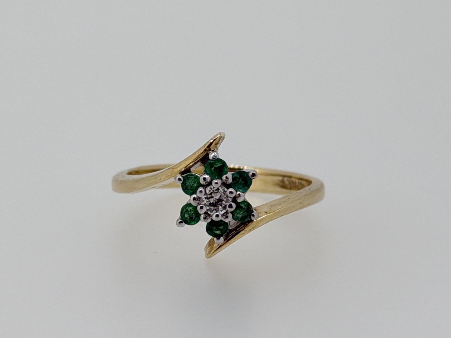 14k Yellow Gold Diamond and Green Emerald Flower Ring Dainty Flower Band