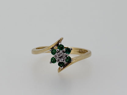 14k Yellow Gold Diamond and Green Emerald Flower Ring Dainty Flower Band