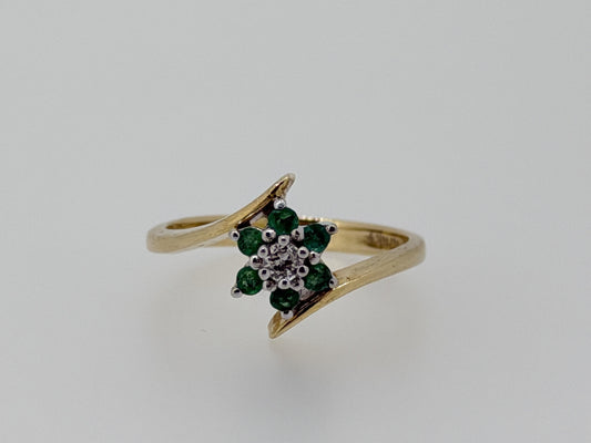 14k Yellow Gold Diamond and Green Emerald Flower Ring Dainty Flower Band