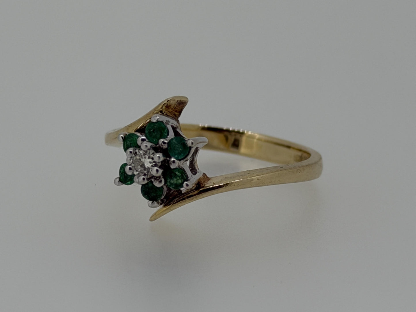 14k Yellow Gold Diamond and Green Emerald Flower Ring Dainty Flower Band