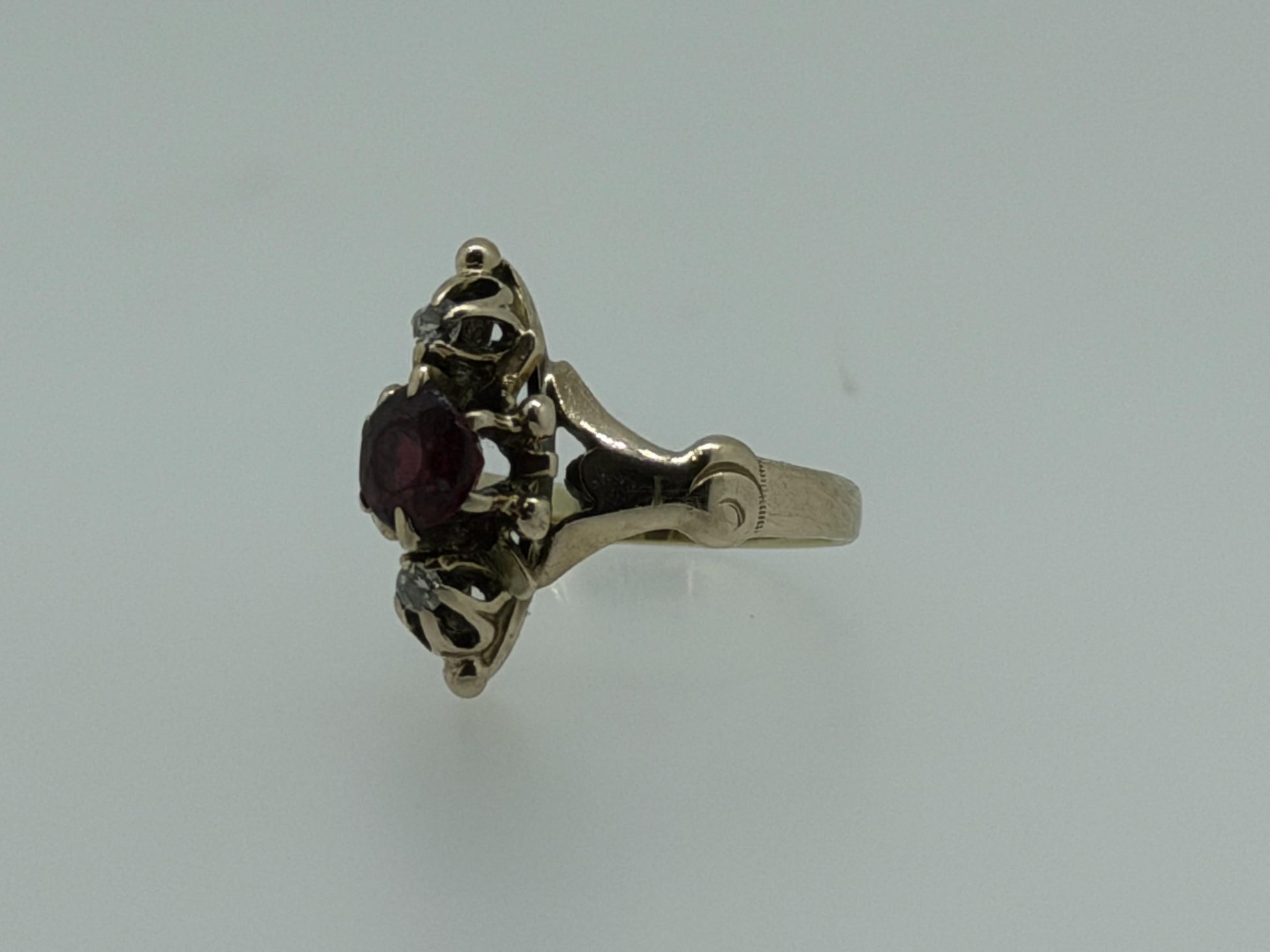 Victorian 14k Yellow Gold Marquise Garnet Diamond Ring Cocktail Statement
