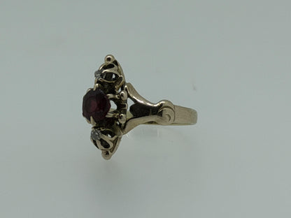 Victorian 14k Yellow Gold Marquise Garnet Diamond Ring Cocktail Statement