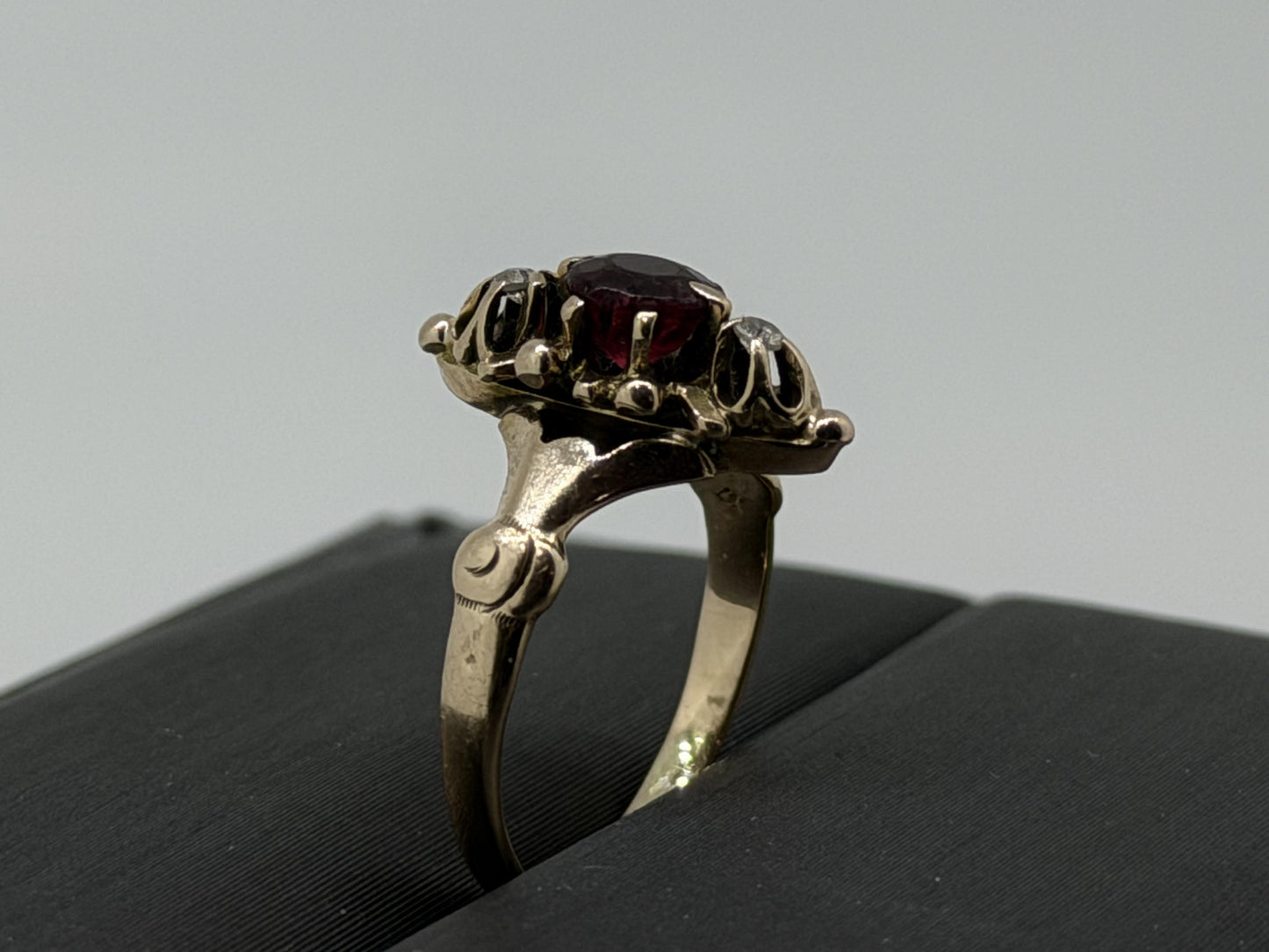 Victorian 14k Yellow Gold Marquise Garnet Diamond Ring Cocktail Statement