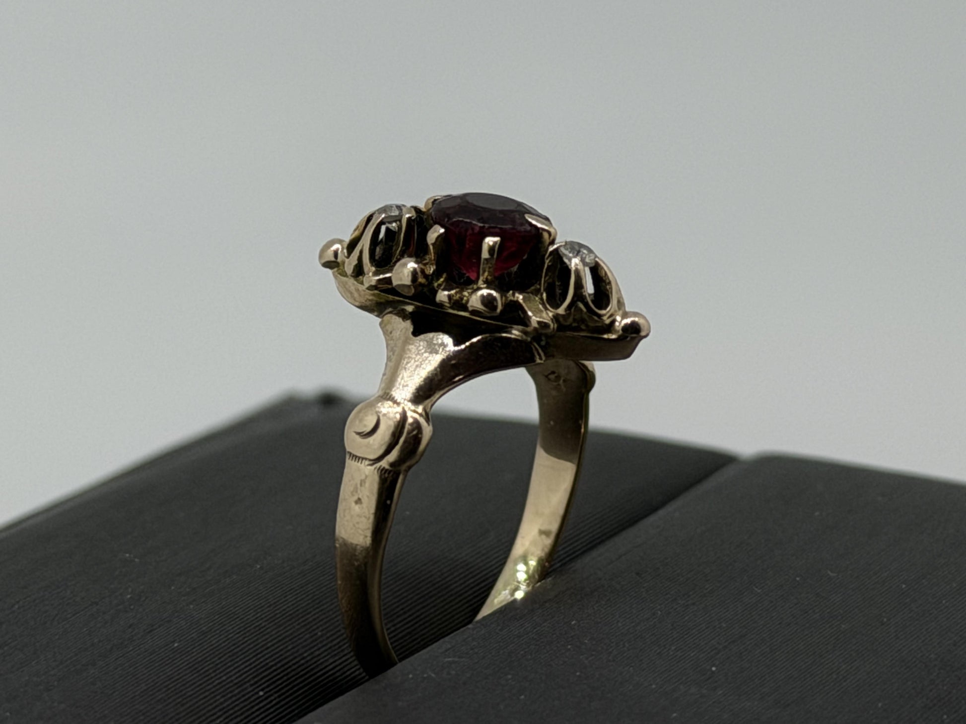 Victorian 14k Yellow Gold Marquise Garnet Diamond Ring Cocktail Statement