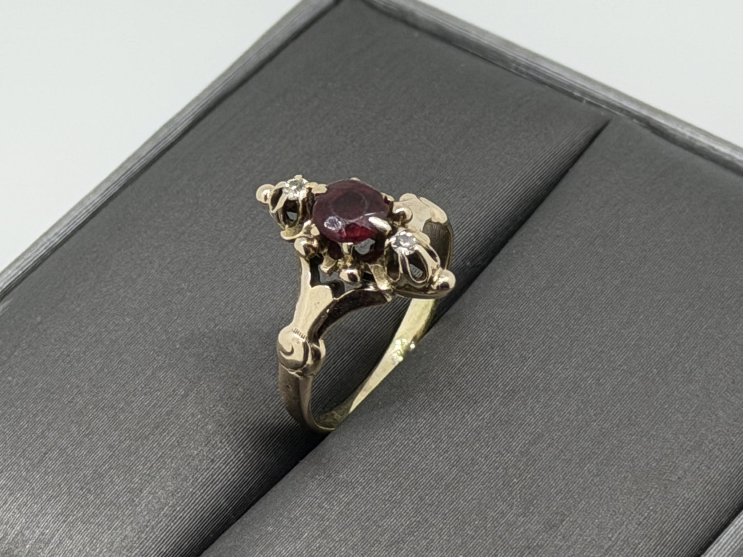Victorian 14k Yellow Gold Marquise Garnet Diamond Ring Cocktail Statement