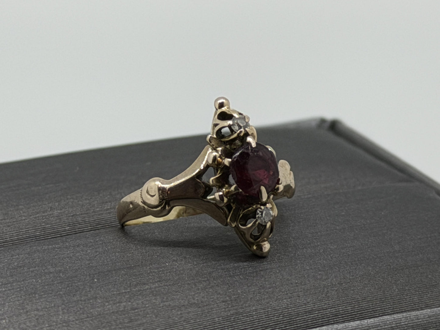 Victorian 14k Yellow Gold Marquise Garnet Diamond Ring Cocktail Statement