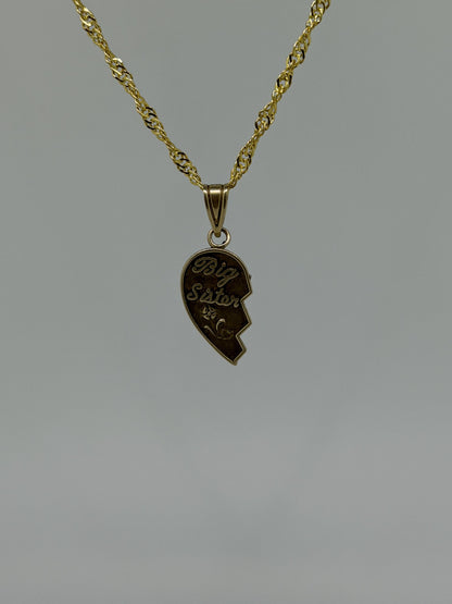 14k Yellow Gold Half Heart Big Sister Pendant Necklace + Comp 18k GF Chain