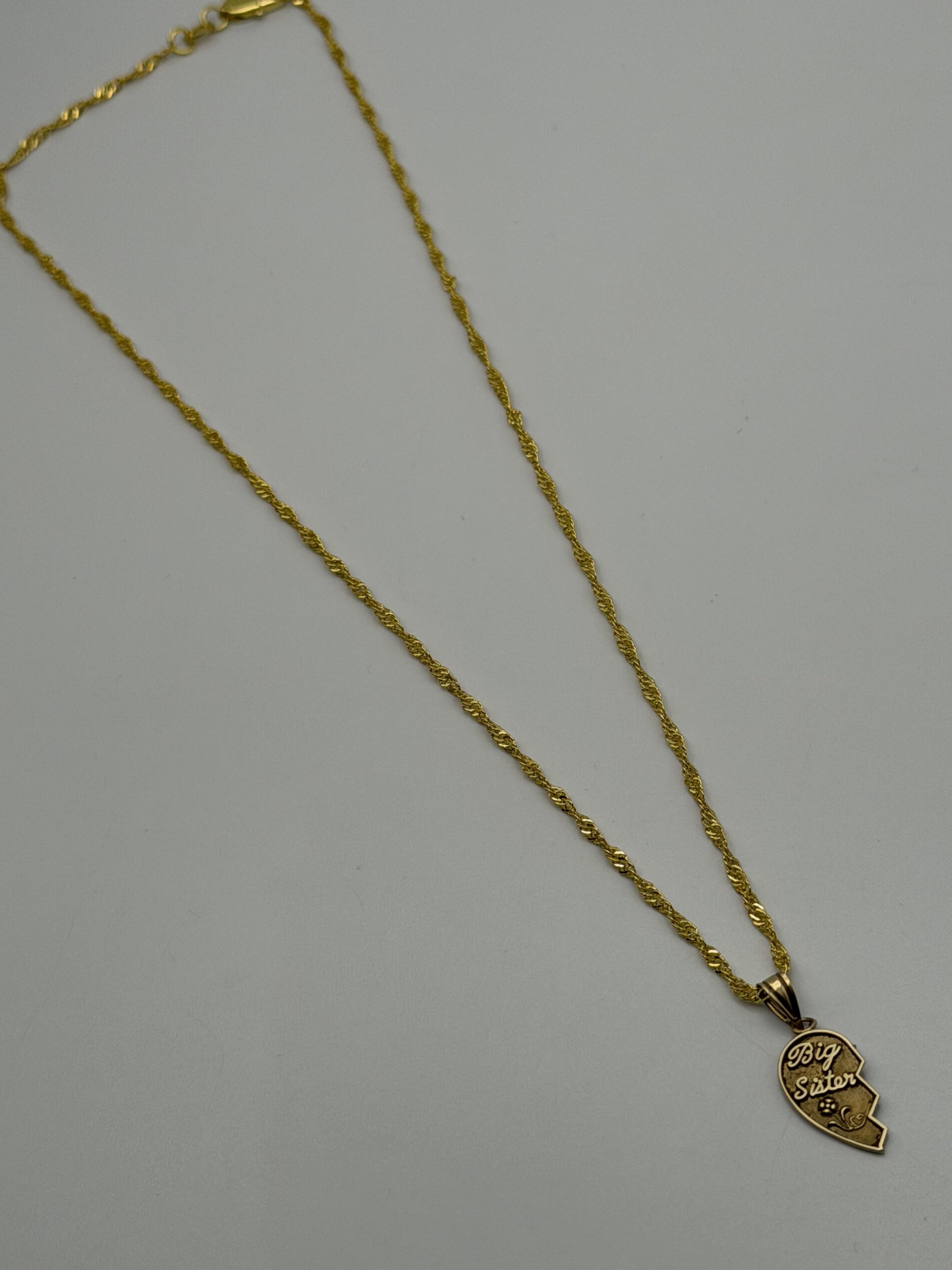 14k Yellow Gold Half Heart Big Sister Pendant Necklace + Comp 18k GF Chain