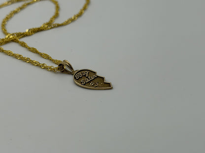 14k Yellow Gold Half Heart Big Sister Pendant Necklace + Comp 18k GF Chain